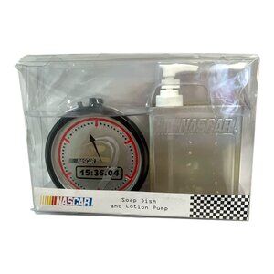 NASCAR-Themed Soap Dish & Lotion Pump Set With Race Clock Design